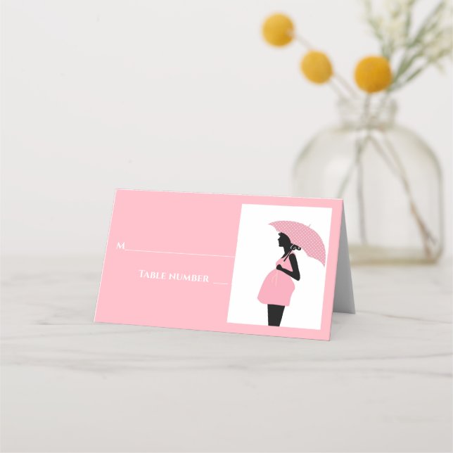 Pink Umbrella Polka Dots Baby Shower Table Card (Front)
