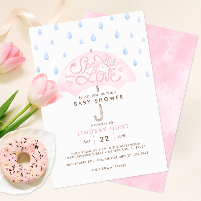 Pink Umbrella Sprinkle Baby Shower Invitation (Sprinkle with Love Girl Baby Shower Invitation)
