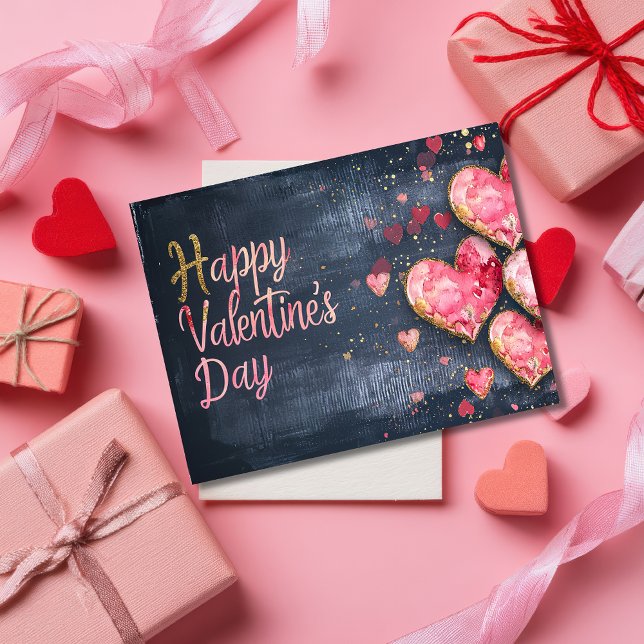 Pink und golden hearts on dark ground Valentine's Postcard (Creator Uploaded)