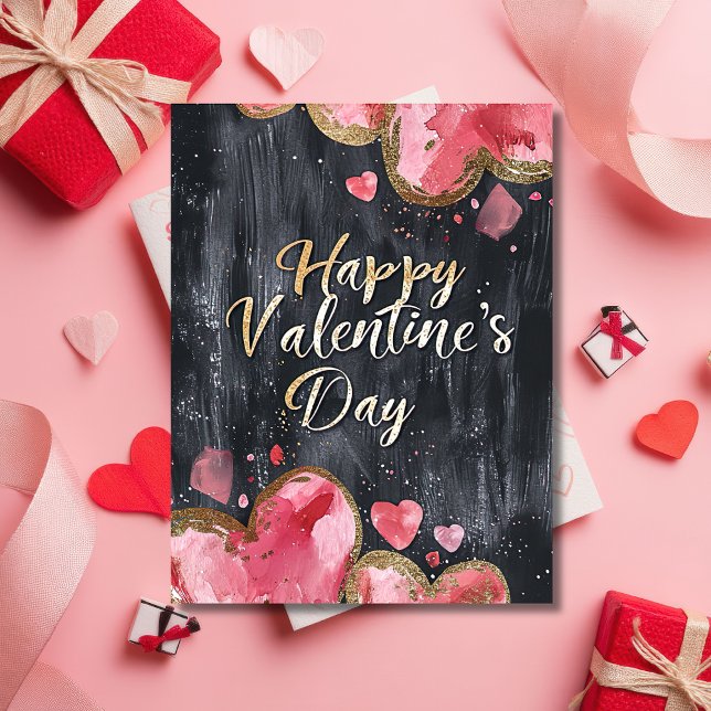 Pink und golden hearts on dark ground Valentine's Postcard (Creator Uploaded)