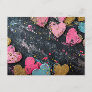 Pink und golden hearts on dark ground Valentine's Postcard