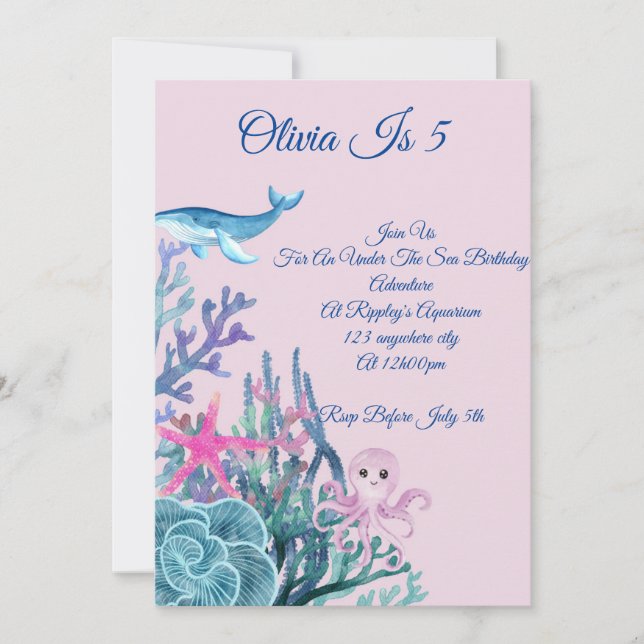 Pink under the sea birthday invitation  (Front)