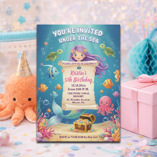 Pink Under the Sea Mermaid 5th Birthday Party Invitation