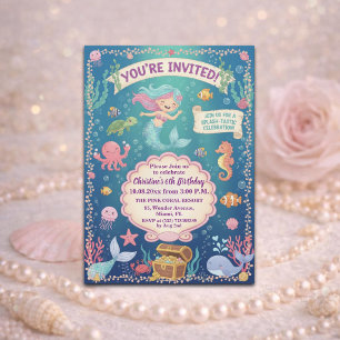 Pink Under the Sea Mermaid 6th Birthday Party Invitation