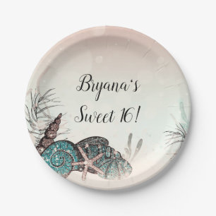 Pink Under the Sea Shells Beach Sweet 16 Party Paper Plate