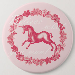 Pink unicorn and flowers 6 cm round badge
