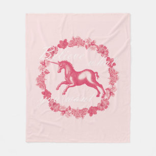 Pink unicorn and flowers fleece blanket