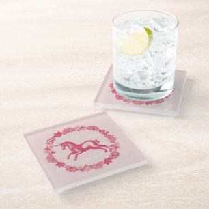 Pink unicorn and flowers glass coaster