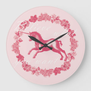 Pink unicorn and flowers large clock