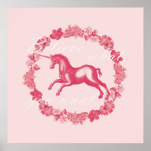 Pink unicorn and flowers poster