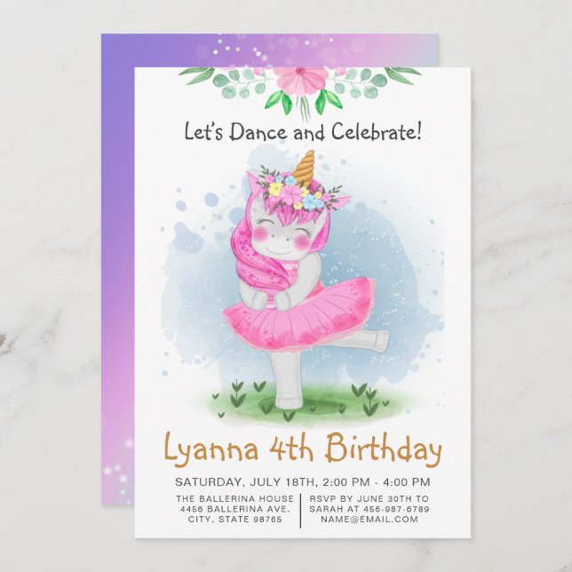 Pink Unicorn Ballerina Dance 4th Birthday Party Invitation (Front/Back)