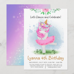 Pink Unicorn Ballerina Dance 4th Birthday Party Invitation