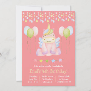 Pink Unicorn, Balloons and Banner Birthday Party Invitation