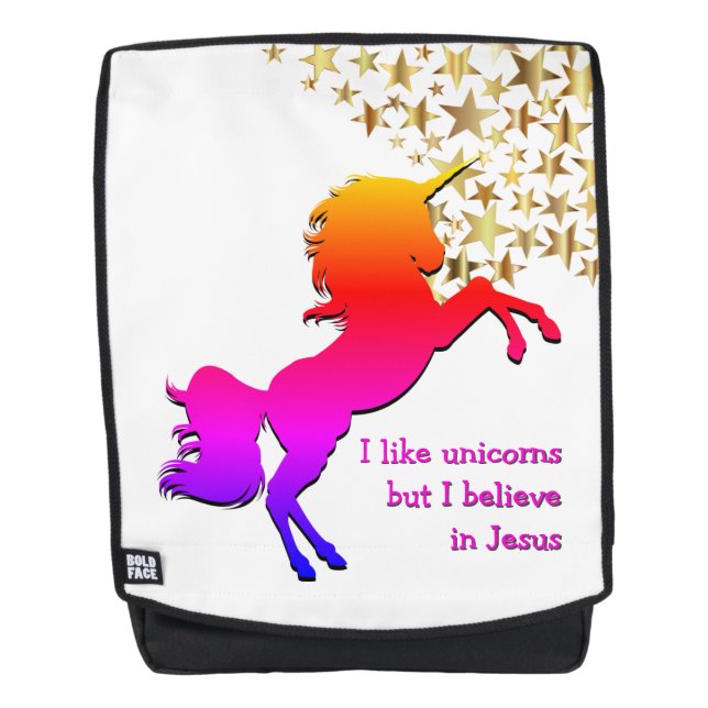 Pink UNICORN Believe in Jesus Personalised Backpack (Front)