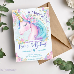 Pink Unicorn Birthday Gold Rainbow Invitation