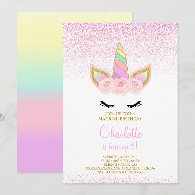 Pink Unicorn Birthday Invitation (Front/Back)