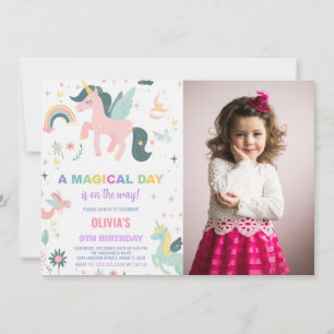 Pink Unicorn Birthday Invitations with photo