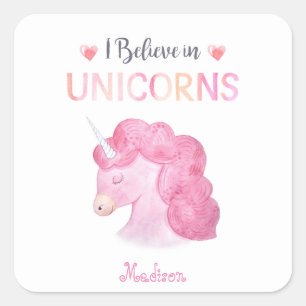 Pink Unicorn Butterflies Girly Cute Personalised Square Sticker
