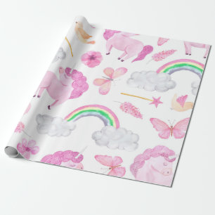 Pink Unicorn Butterflies Girly Cute Wrapping Paper