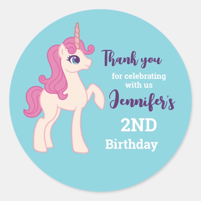 Pink Unicorn Cartoon Girls Birthday Party Favour Classic Round Sticker (Front)