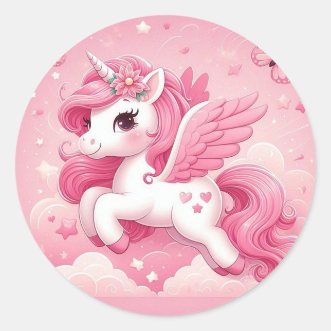 pink unicorn classic round sticker (Front)
