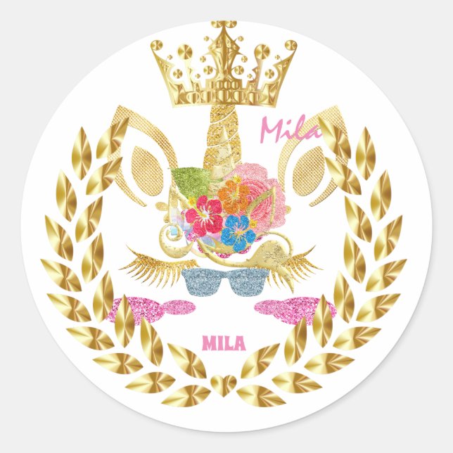 Pink unicorn classic round sticker (Front)