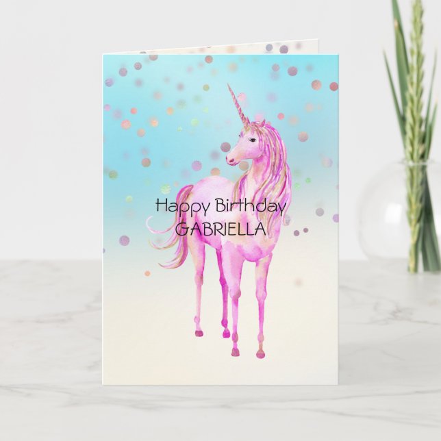 Pink Unicorn Confetti Personalised Name  Card (Front)