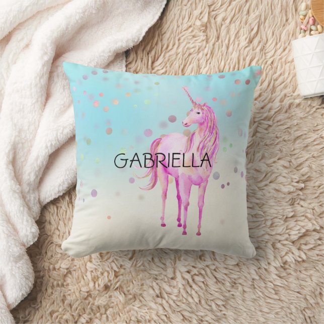 Pink Unicorn Confetti Personalised Name Cushion (Blanket)