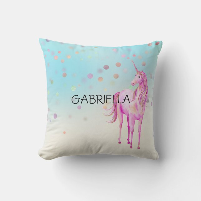 Pink Unicorn Confetti Personalized Name Cushion (Front)
