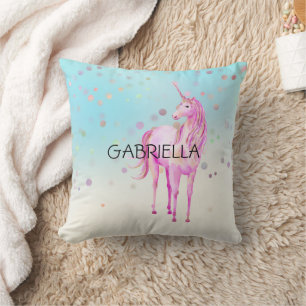 Pink Unicorn Confetti Personalized Name Cushion