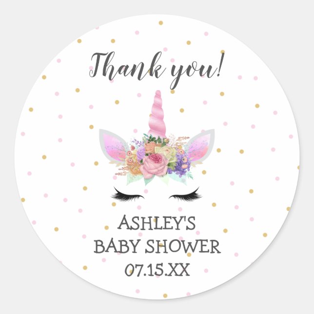Pink Unicorn Face baby shower thank you favour Classic Round Sticker (Front)