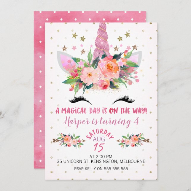 Pink Unicorn Face Floral Birthday Invitation (Front/Back)