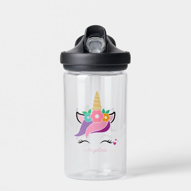 Pink Unicorn Face Personalised  Water Bottle (Front)