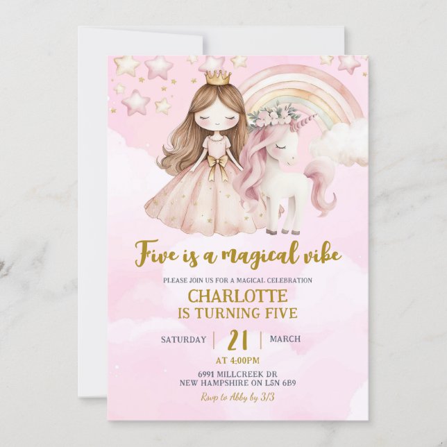 Pink Unicorn Five Is A Magical Vibe Birthday Invitation (Front)