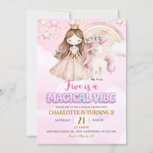 Pink Unicorn Five Is A Magical Vibe Birthday Invitation (Front)