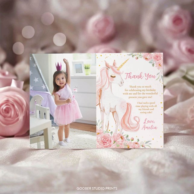 Pink Unicorn Floral Birthday Party Photo Thank You Card (Creator Uploaded)