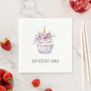 Pink Unicorn Floral Cupcake Birthday Napkin