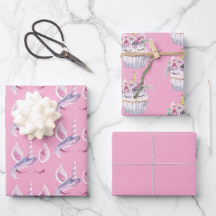 Pink Unicorn Floral Cupcake Birthday Wrapping Paper Sheet