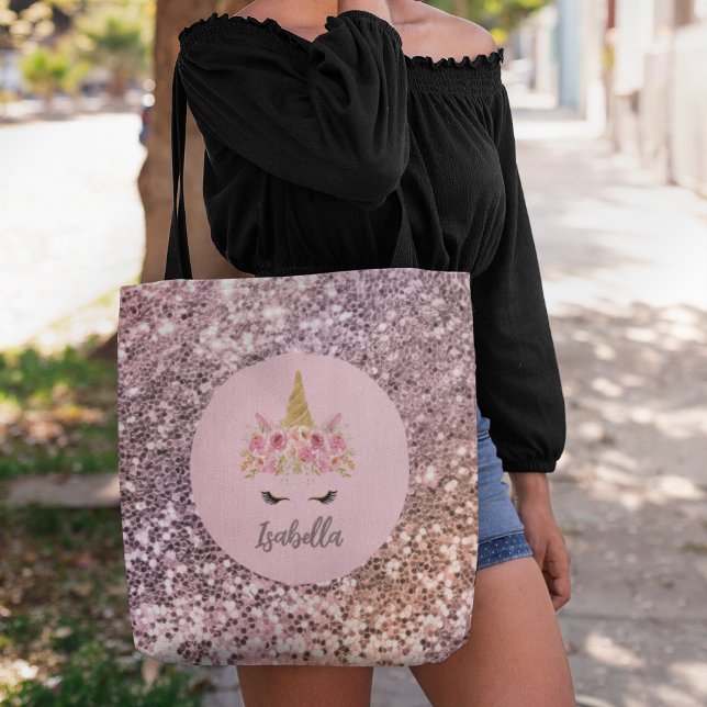 Pink Unicorn Floral Glitter Monogram  Tote Bag (Creator Uploaded)