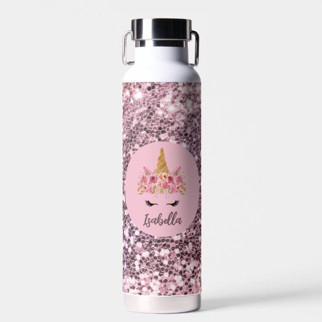 Pink Unicorn Floral Glitter Monogram  Water Bottle (Front)