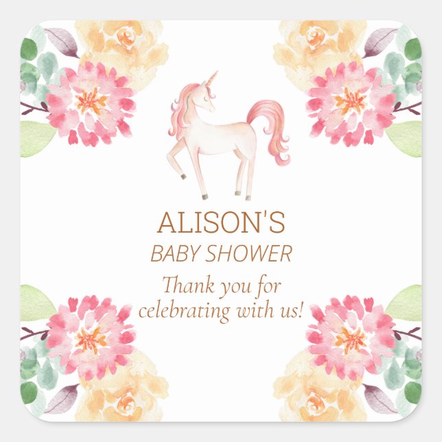 Pink Unicorn Floral Greenery Baby Shower Thank You Square Sticker (Front)
