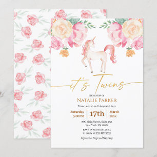 Pink Unicorn Floral Watercolor Baby Twins Shower  Invitation