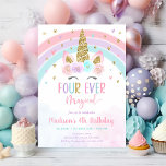 Pink Unicorn Four Ever Magical Birthday Invitation<br><div class="desc">This adorable design features a unicorn face with a pastel coloured rainbow and faux gold glitter embellishments.</div>