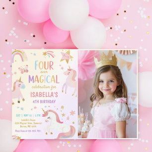 Pink Unicorn Four Ever Magical Birthday Photo Invitation