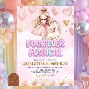 Pink Unicorn Four ever Magical Fourth Birthday Invitation