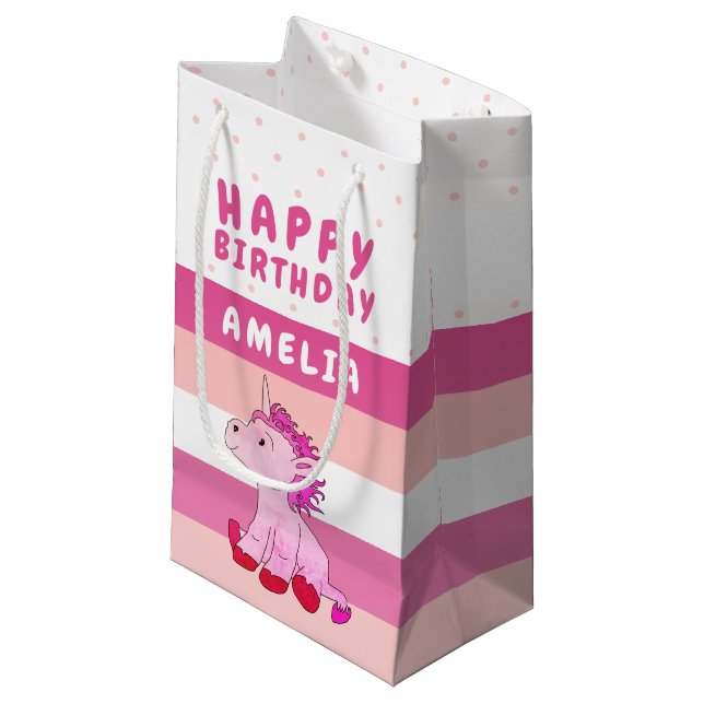 Pink Unicorn Girl Happy Birthday Small Gift Bag (Front Angled)