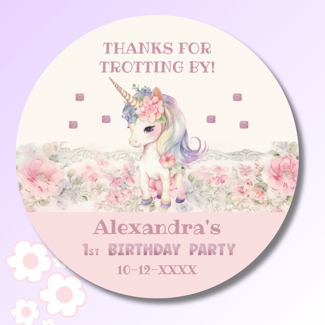 Pink Unicorn Girl's 1st Birthday Thank You Classic Round Sticker (Creator Uploaded)