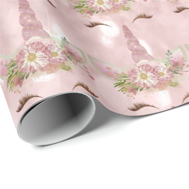 Pink Unicorn Glitter Floral Gold Blush Sweet 16th Wrapping Paper (Roll Corner)