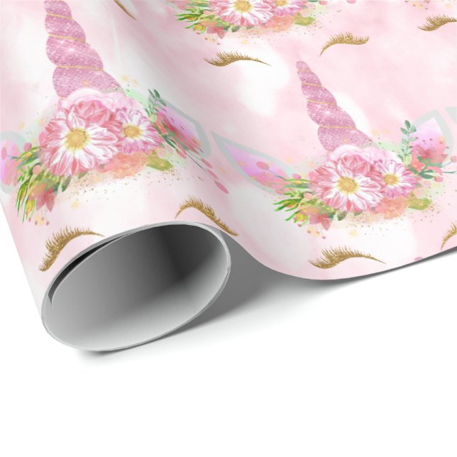 Pink Unicorn Glitter Floral Gold Mint Sweet 16th Wrapping Paper (Roll Corner)