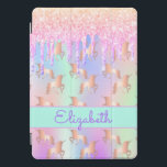 Pink unicorn glitter iridescent rose gold name iPad pro cover<br><div class="desc">A trendy rainbow coloured background with unicorn and rainbow pastel colours in pink, purple, rose gold, mint green. Decorated with faux glitter drips in rose gold, pink and purple and a golden unicorn pattern. A mint green band. Personalise and add a name, written with a modern hand lettered style script....</div>